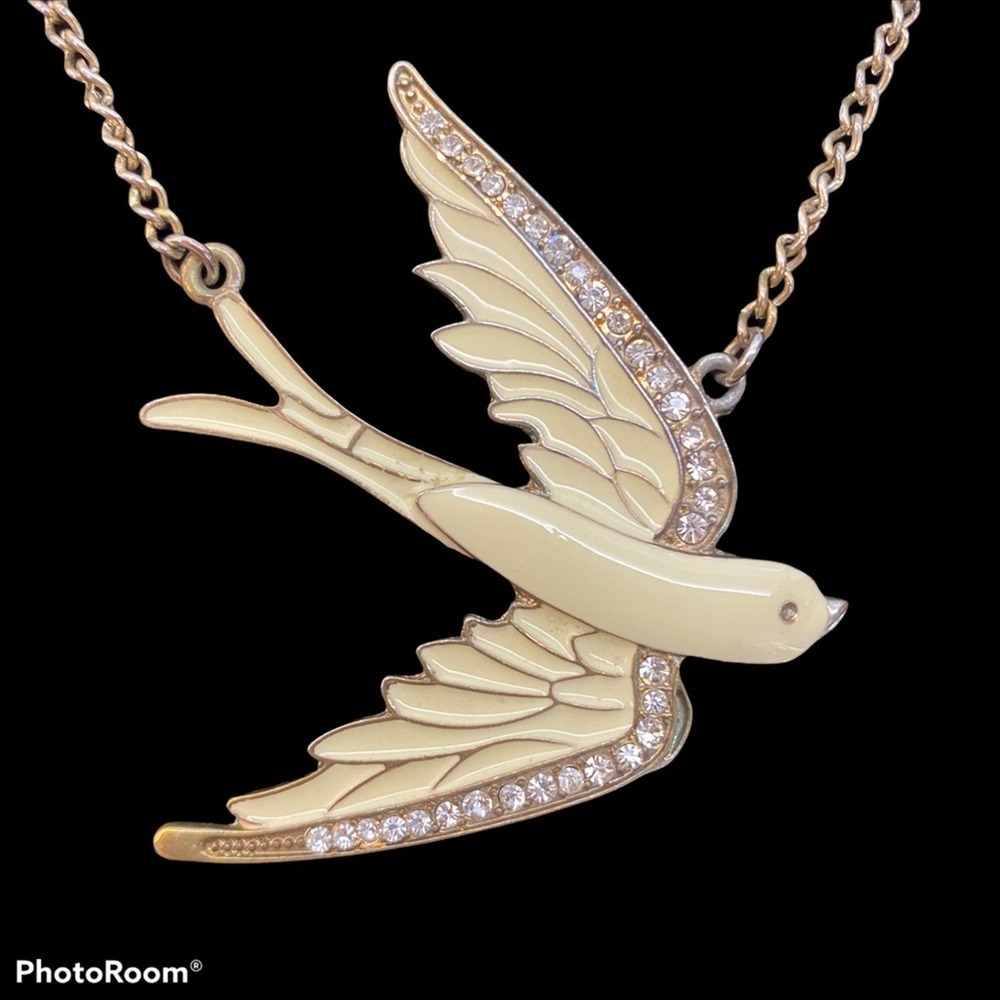 Gold and Ivory Enamel Flying Peace Dove Bird with Rhinestones Necklace